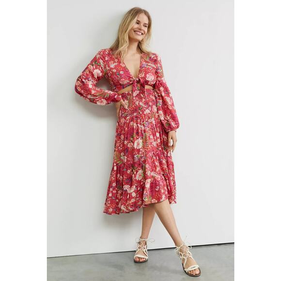 Anthropologie Dresses & Skirts - New Anthropologie Smocked Floral Midi Skirt & Tie Front Top Set $148 MEDIUM Red